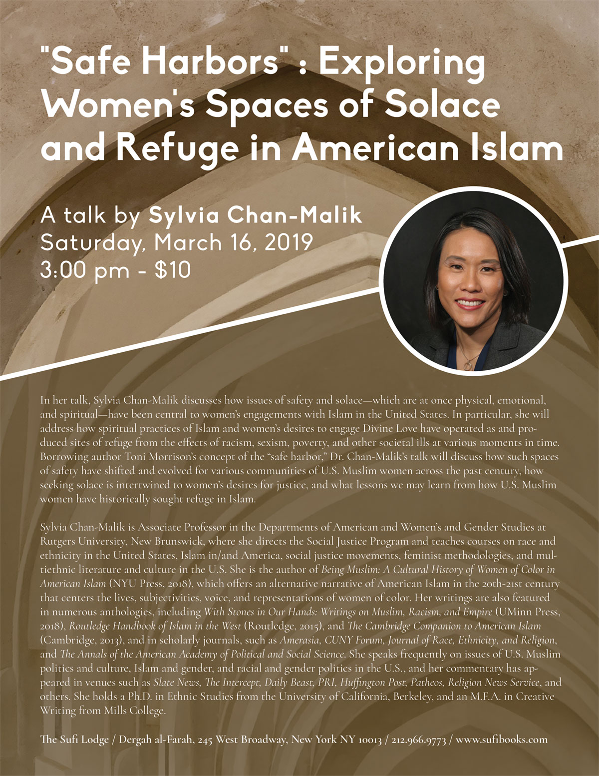 Saturday, March 16, 2019 | “Safe Harbors” : Exploring Women’s Spaces of Solace and Refuge in American Islam | A talk by Sylvia Chan-Malik | 3 pm | $10