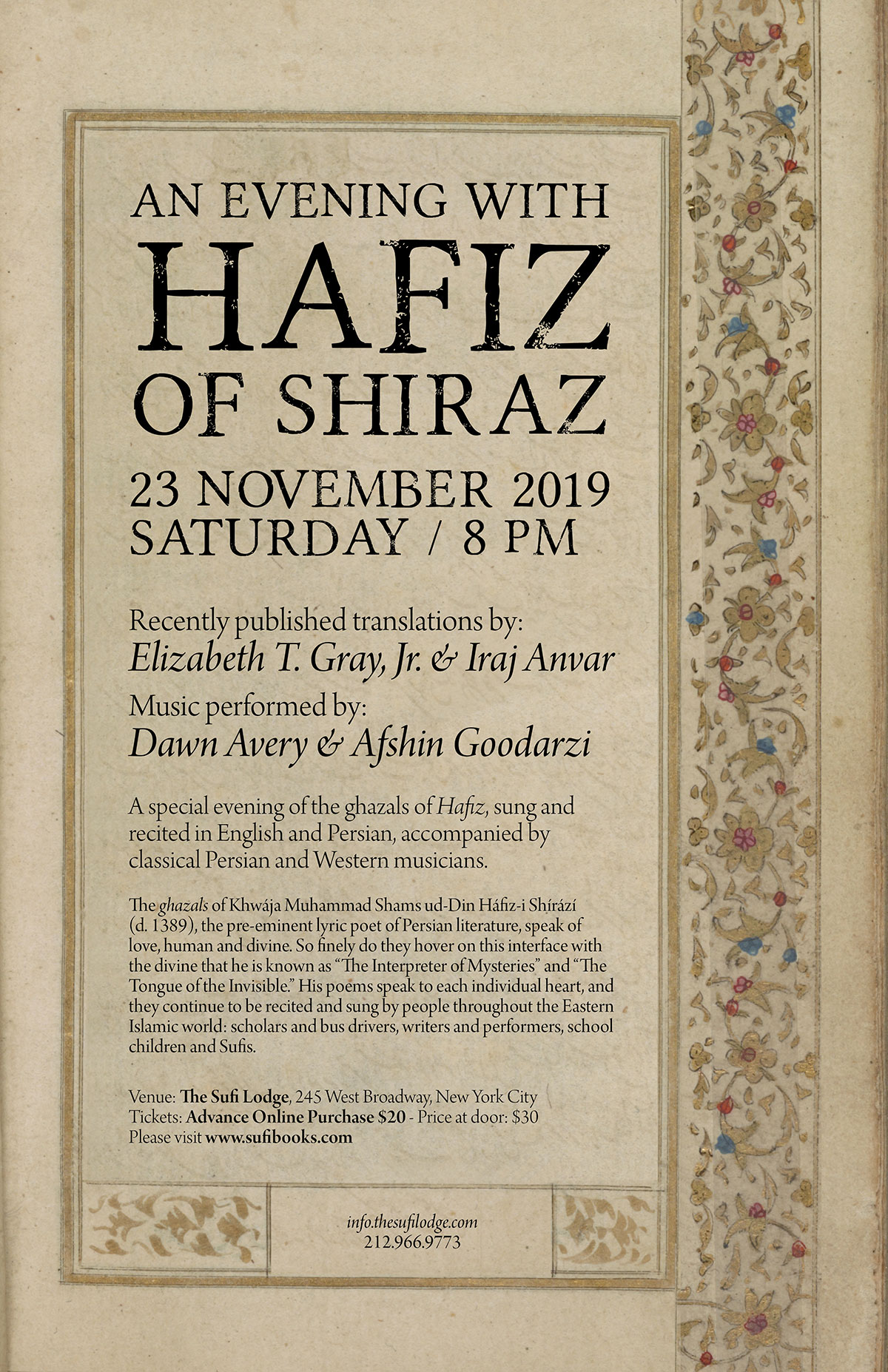 Saturday, November 23, 2019 | An Evening with Hafiz of Shiraz | 8 pm | Advance Tix $20 – At Door $30